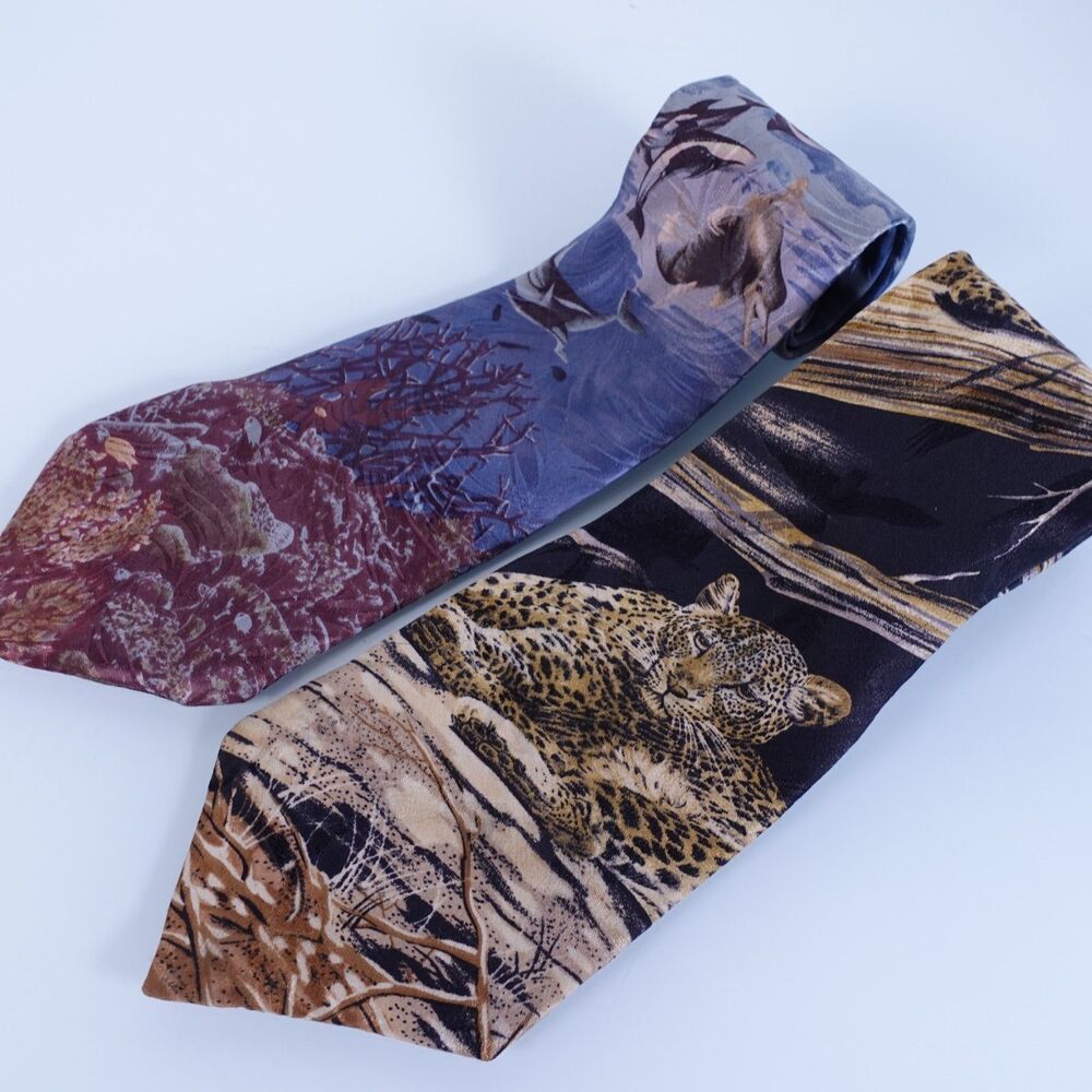 Lot of 2 Endangered Species Mens 100% Silk Necktie Ties Blue Ocean Black Cheetah